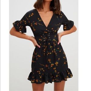 PrettyLittleThing floral black corset swing dress